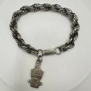 Vintage 1940s silver tone chain link heraldic crest shield charm bracelet 7.5"